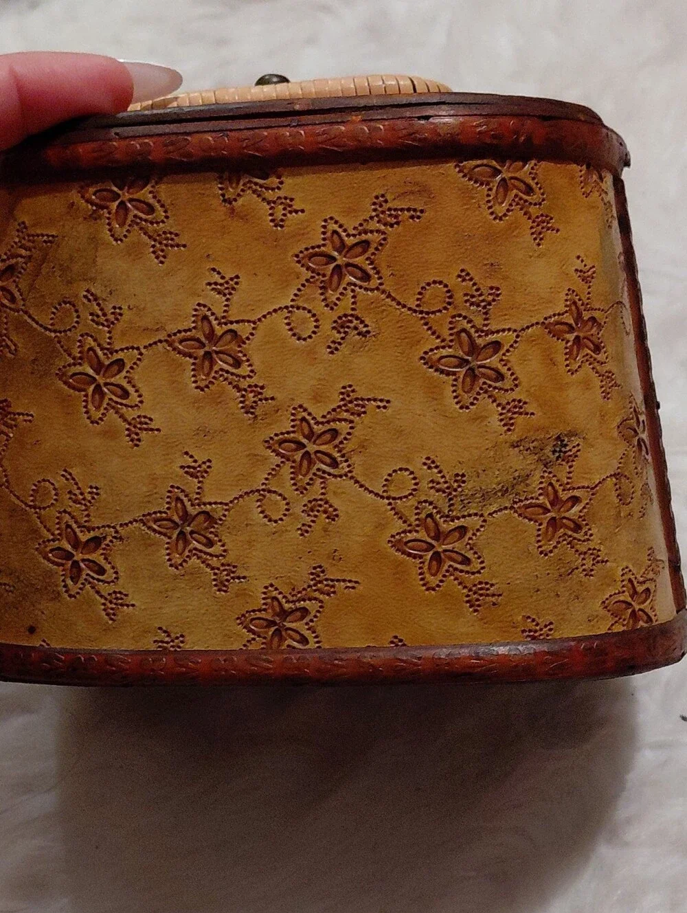 Tan Floral-Embossed Cosmetic Case with Top Handle